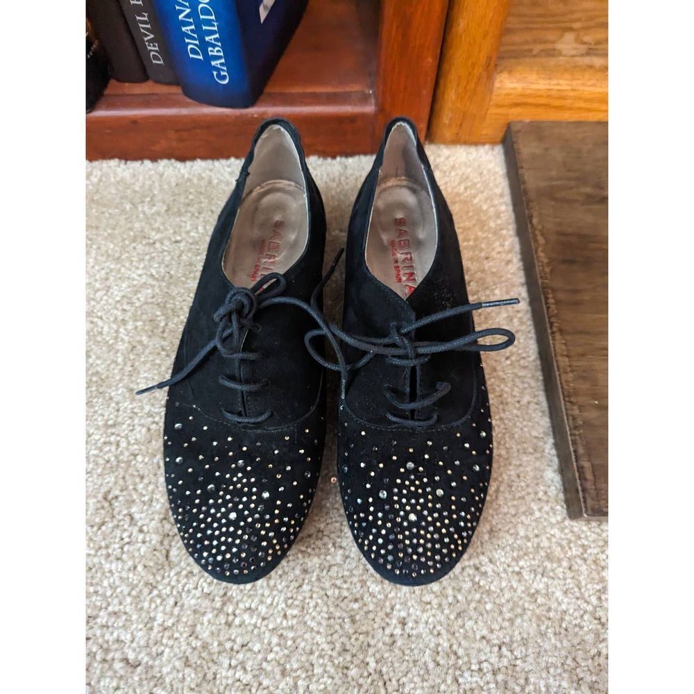 Sabrina Spain black suede lace up loafers silver studded sz 37 euc